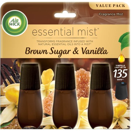 Air Wick Essential Mist Refill, 3ct, Brown Sugar & Vanilla, Fall Scent, Essential Oils, Air Freshener