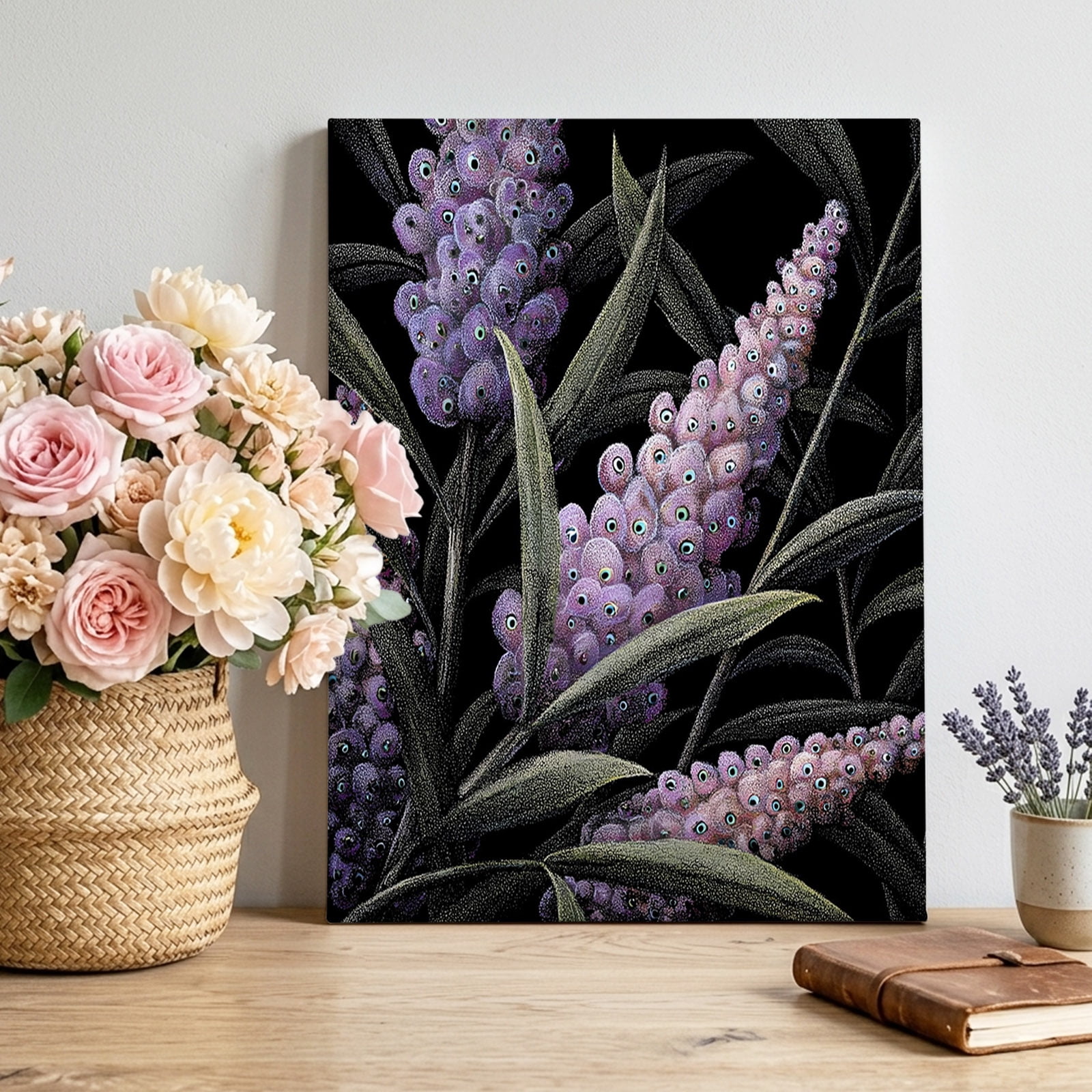 Lavender Canvas Wall Art Country Pastoral Vintage Night Purple Floral Green Leaf Pictures Wall Decor Wooden Framed Artwork Art Prints for Living Room Hallway Bedroom Office 8 x12