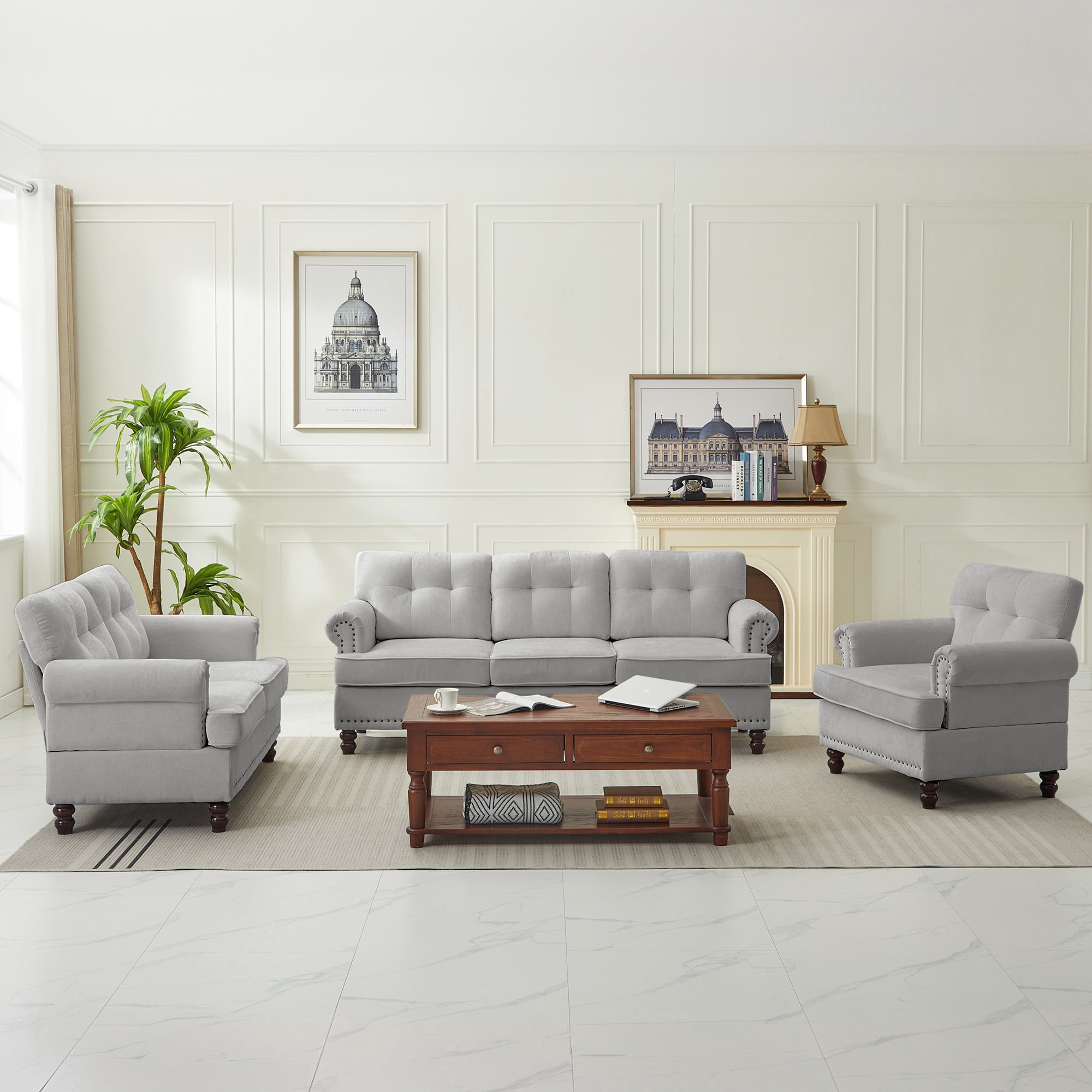 JUSTLET 3 Piece Living Room Sofa Set, Chenille Upholstered Sectional Sofa Couch with Nailhead Trim, Including 3-Seater Sofa, Loveseat and Single Sofa Chair for Apartment Living Room, Light Gray