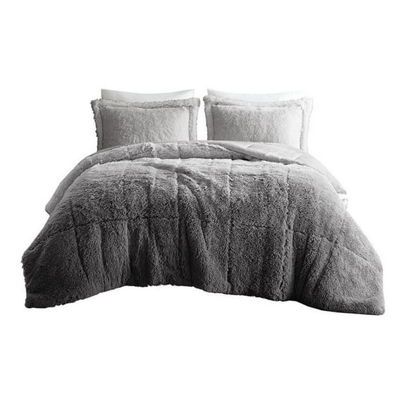 Pemberly Row 104" 3-Pc Shaggy Long Fur Fabric Comforter Mini Set in Gray