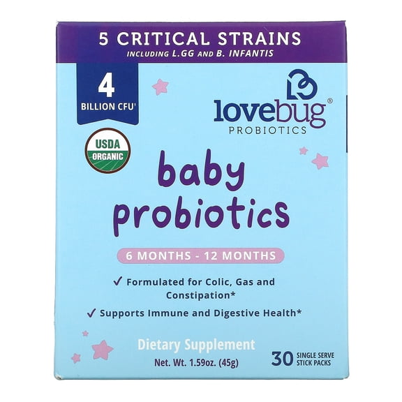 LoveBug Probiotics Award Winning USDA Organic Probiotic for Babies, 6-12 Months, 30 Packets