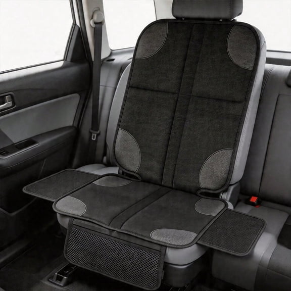 Car seat protector mat with headrest straps, tear-proof 600D fabric waterproof vehicle seat cover, non-slip backing and thick padding, essential travel item for kids and pets with side mesh pockets