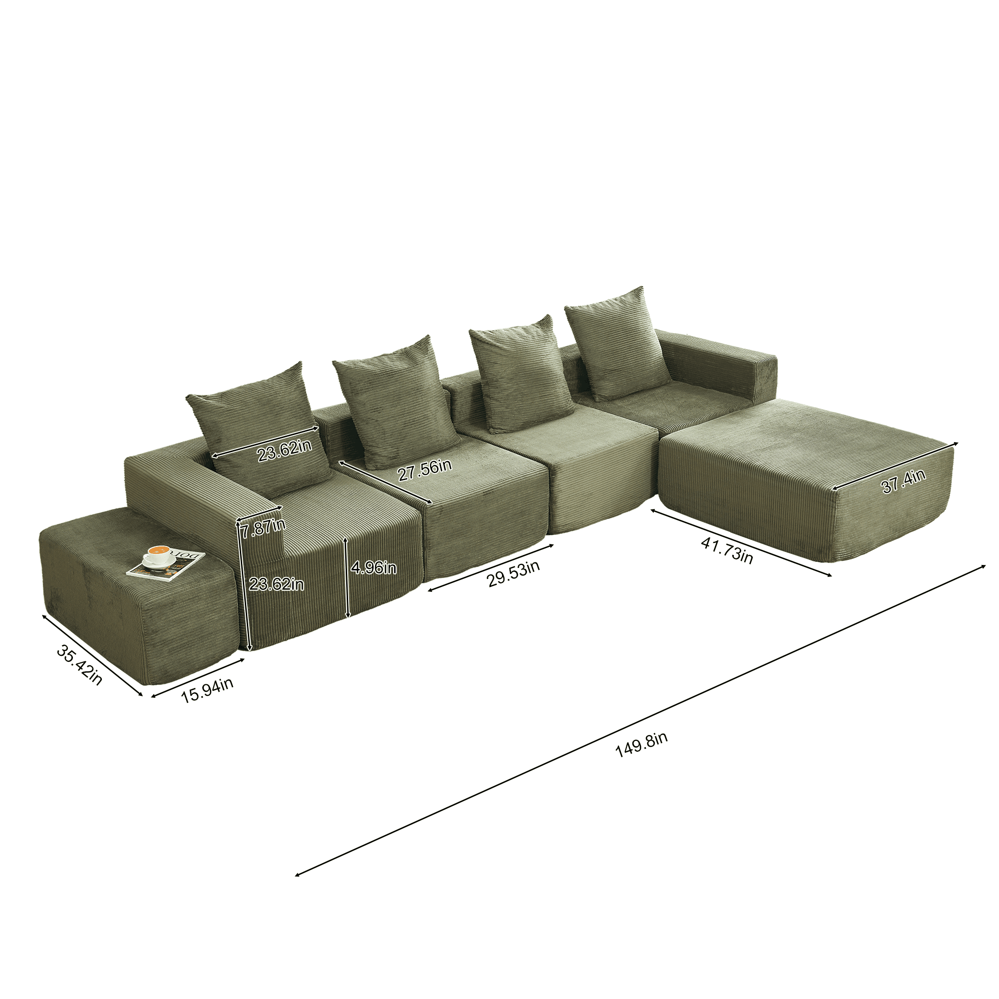 MOONMISS 4-Seat Modular Sofa Sectional with Oversized Chaise & Ottomans - Cloud Couch in Soft Corduroy Fabric for Small Spaces, Living Room, Apartment (Green)