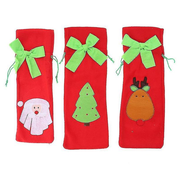 3 piezas Navidad Santa/ciervo/árbol patrón cordón bolsa para botella de vino bolsa de regalo envoltura