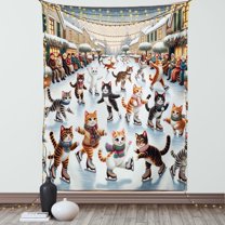 Ambesonne Cat Tapestry Wall Hanging, Cheery Kitties Ice Skating Fun, 60"x80", Orange Brown Pale Blue