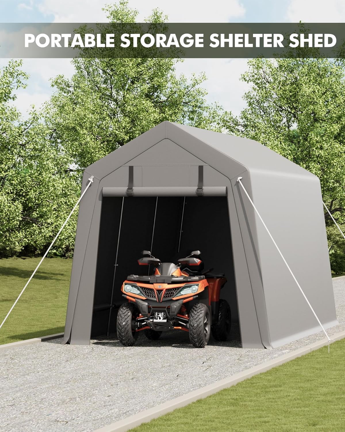 Motorcycle Storage Sheds 6x8 FT, Portable Shed with Rolled up Zipper Door, Waterproof, Storage Tent Heavy Duty for Motorcycle, Bike, Firewood, Garden Tools, Grey