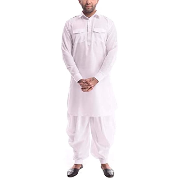 Royal Kurta Mens Linen Pathani Kurta And Salwar Set (44, White)