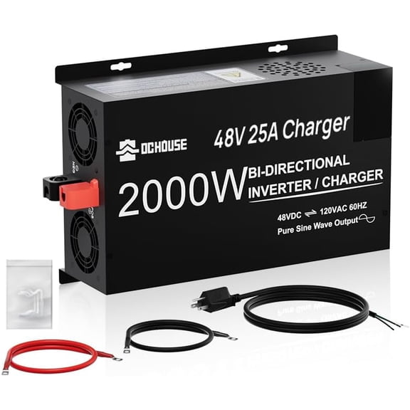 DC HOUSE 2000W Pure Sine Wave Inverter 48V 25A Lithium Battery Charger, 3 AC Outlets, 48V DC to 120V AC Power Supply for Off-Grid Power, Home Backup, Outdoor Power Stations, Golf Carts Batteries