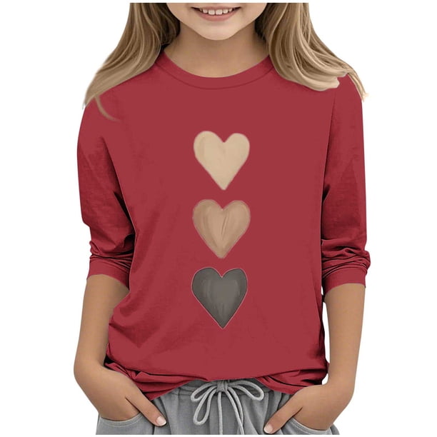 Blusas y camisas de cuello redondo y manga larga para niños, blusas/camisas de poliéster con estampado de corazones, mangas 3/4 y cuello redondo, elegantes e informales.