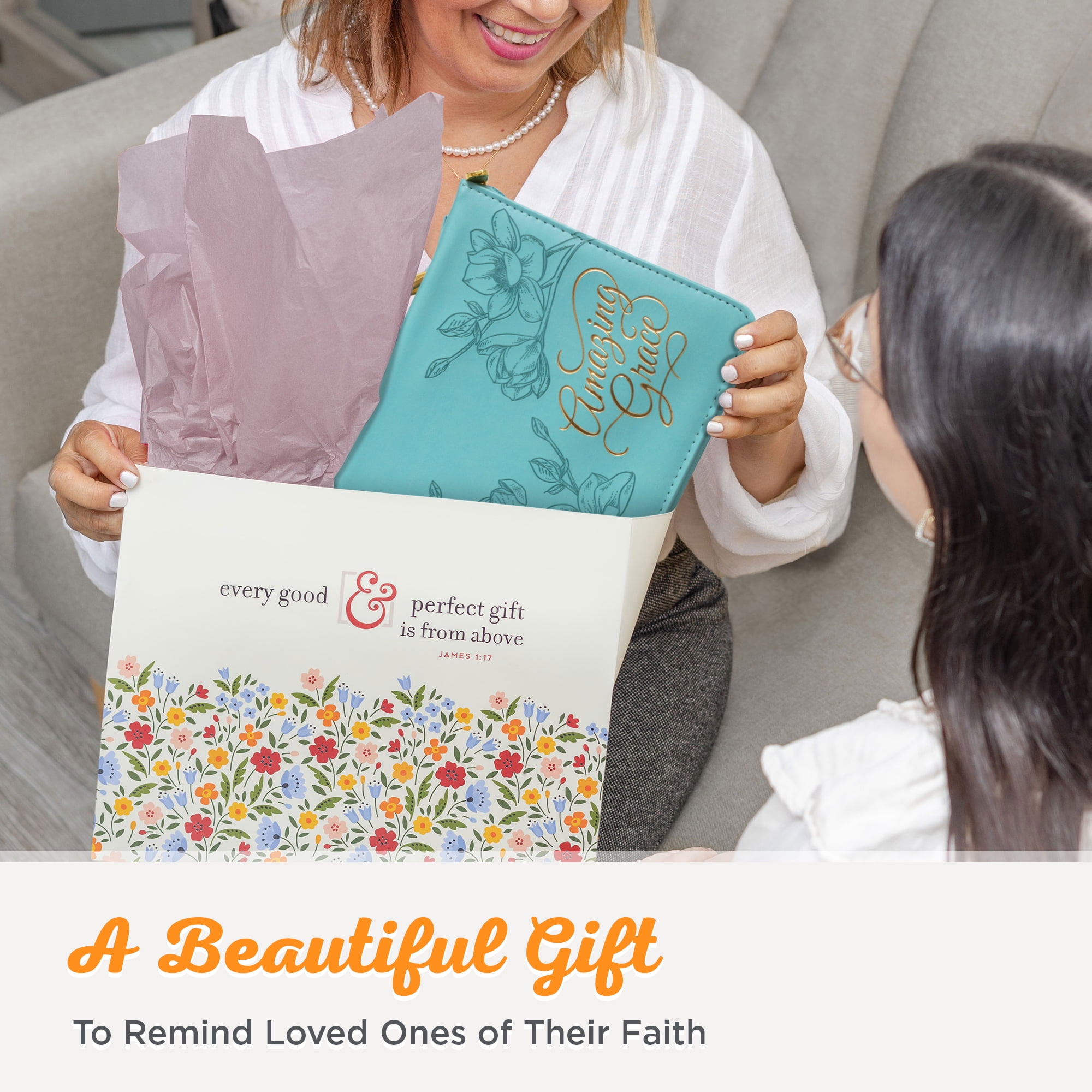 Christian Art Gifts Protective Teal Flower Faux Leather Bible Cover Carry Case with Handle for Women: Amazing Grace - Inspirational Song and Hymn Zippered with Pocket, Medium