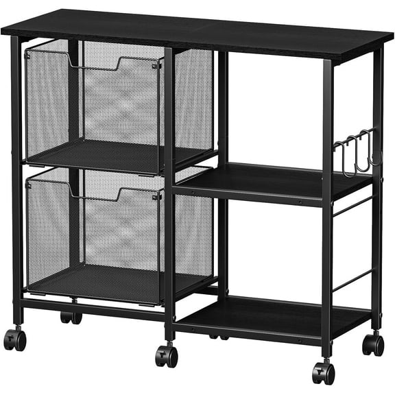 2 Drawer File Cabinet, Lateral Filing Cabinet, Rolling Printer Cabinet Cart with Open Storage Shelf, Office Storage with Wheels, Home Furniture, Black