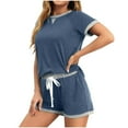 thumbnail image 2 of JMKQLZ Fashion Woman Solid Color Round Neck Short Sleeved Shirt Elastic Waist Draw Rope Pocket Shorts, 2 of 7
