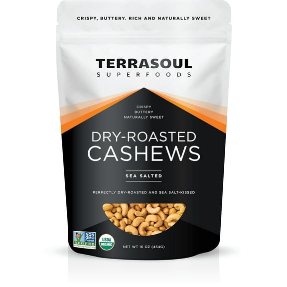 Terrasoul Superfoods Organic Dry-Roasted & Lightly Salted Cashews, 1 Lb - Resealable Pouch - Perfect for Snacking, Baking, and On-the-Go Fuel