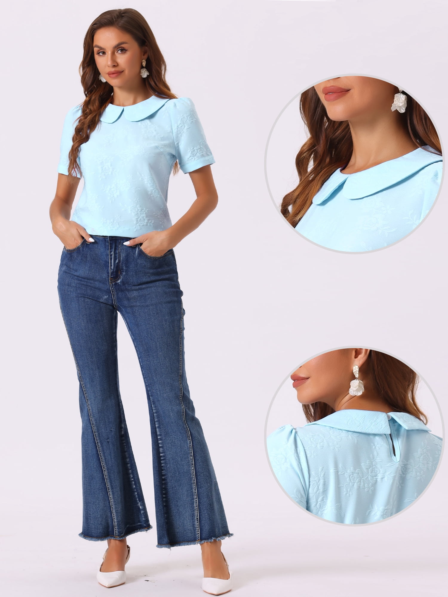 DARING DIVA Floral Puff Kawaii Peter Pan Collar Blouse XS Light Blue