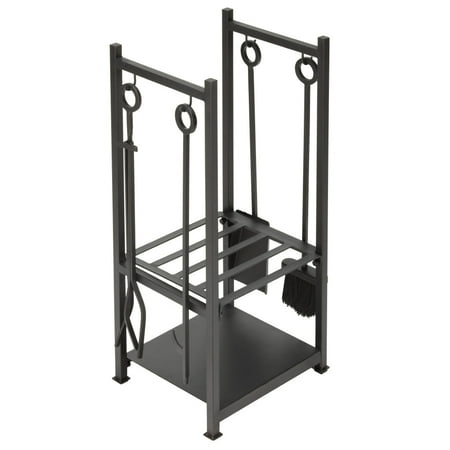 UniFlame Black Wrought Iron Log Holder with Fire Tools with Ring Handles