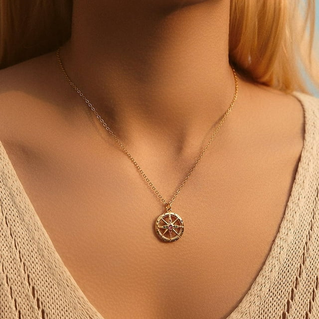Zhuge Collar con colgante hecho a mano, colgante de etiqueta redonda, cadena con forma de árbol de la vida y collar con colgante de circonita (oro)