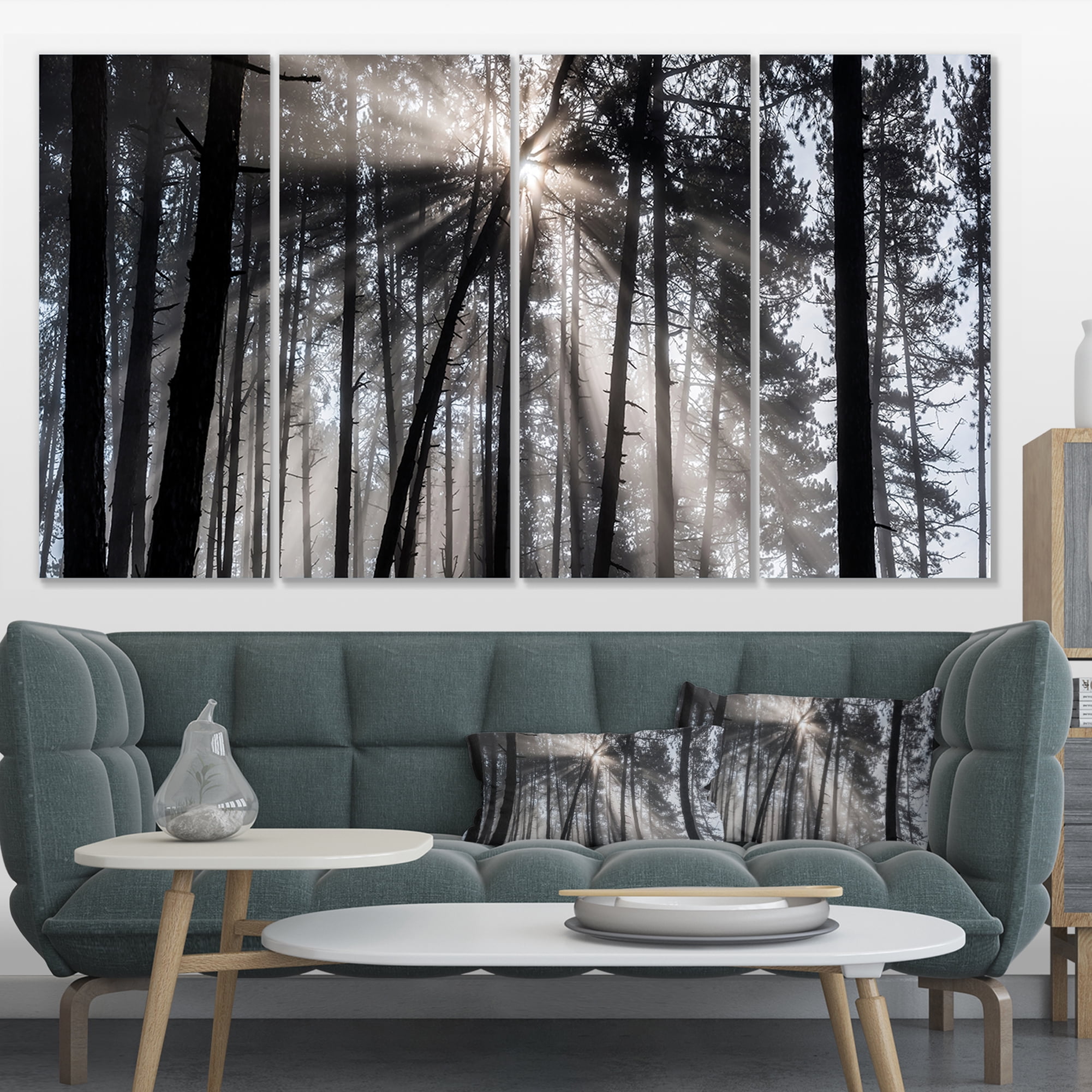 Designart 'Sunbeams through Black White Forest ' Forest Canvas Wall Art Print