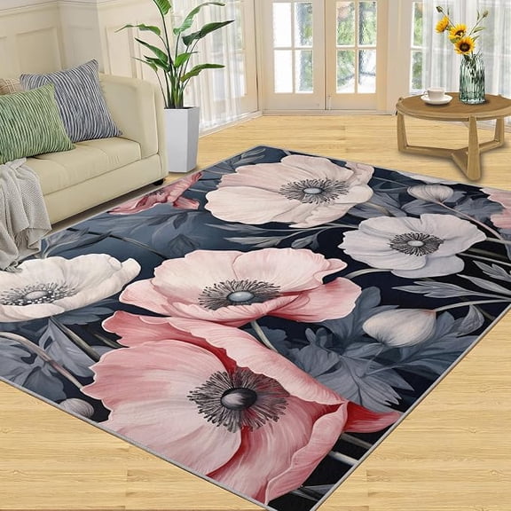 Pink Floral Rugs for Entryway, Elegant Flower Indoor Rugs, Retro Black Area Rug, Nordic Simple Kitchen Rugs Non Slip Washable Rugs for Bedroom 3 x 5ft