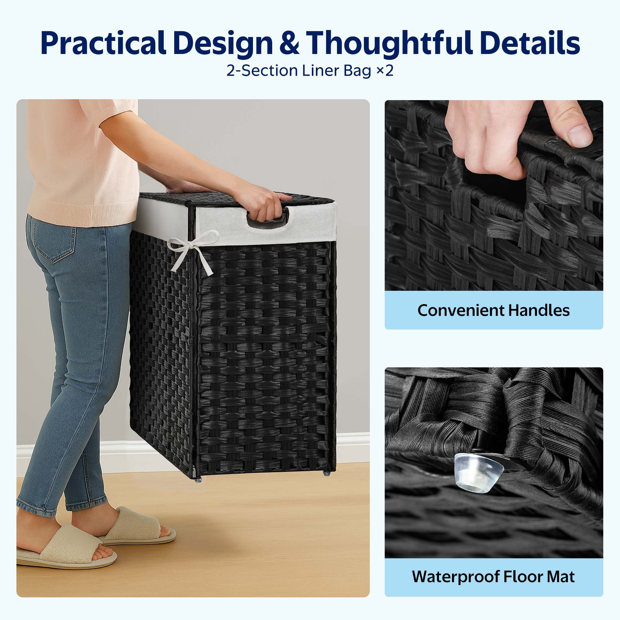 Rolanstar 110L Laundry Hamper Wicker Laundry Basket with Lid, Handles Clothes Hamper Foldable with 2 Removable Liner Bags, Black