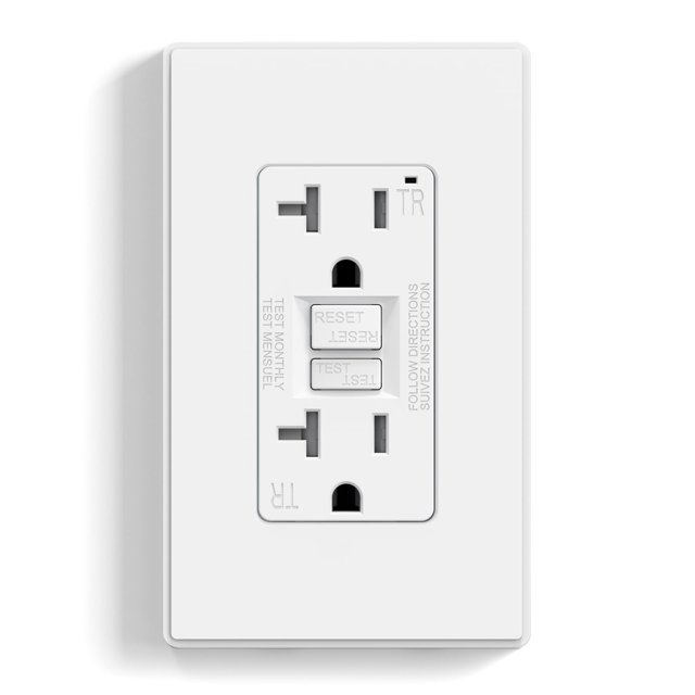 Salida GFCI ELEGRP de 20 amperios con autocomprobación y diseño más delgado, color blanco
