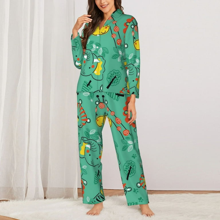 Junzan Funny Animals In Jungle Print Womens Pajama Sets Long Sleeve Button Down For Women Pjs 2 Piece