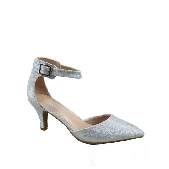 Sunrise-39 Women's Ankle Strap Buckle Pointy Toe Stiletto Low Heel Pumps ( Silver, 6.5 )