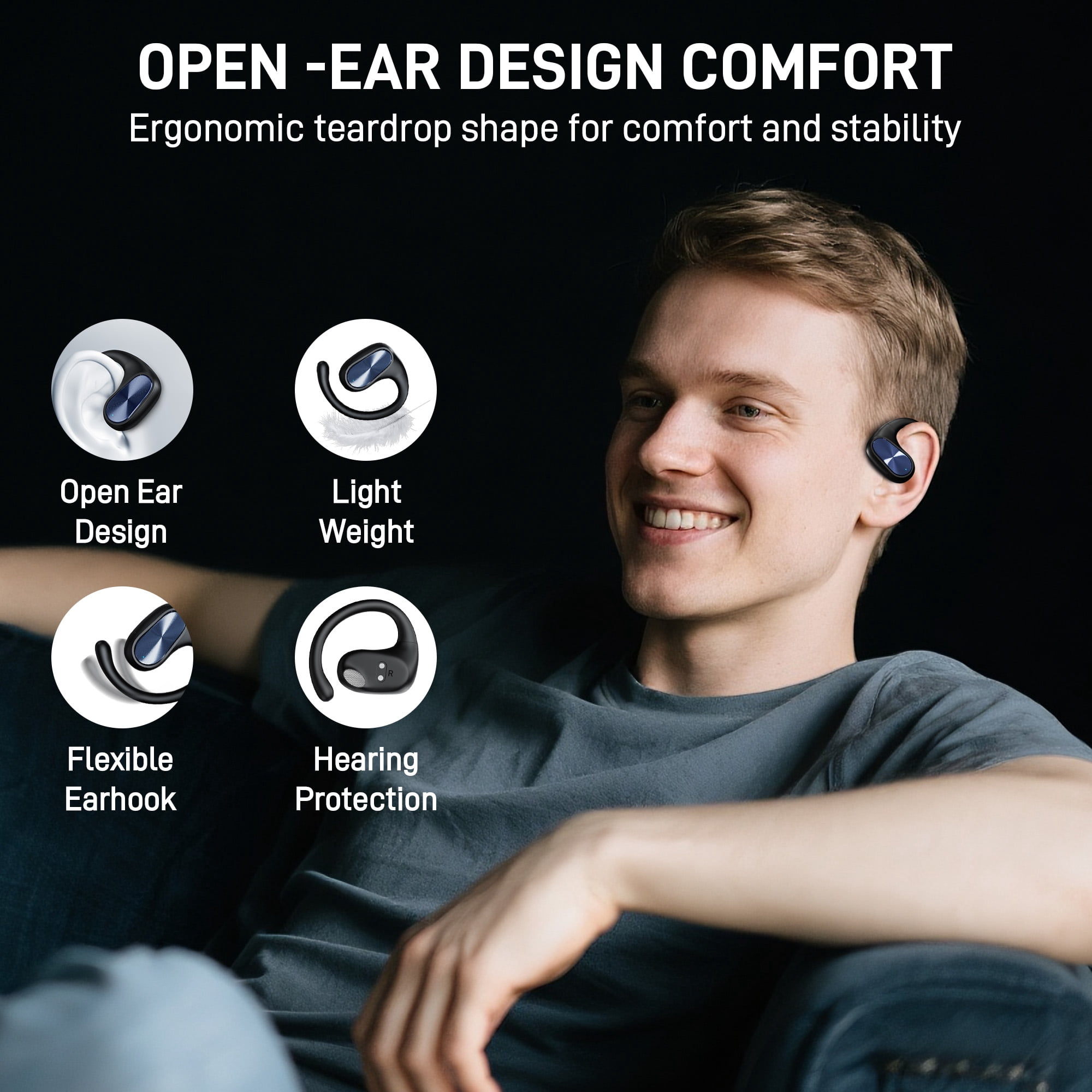 Voistek Open Ear Earbuds,Bluetooth 5.4 Wireless Earbuds with Ear Hooks,Auto Pairing, Touch Control, Built-in Mic, Lightweight Stereo Sound for IOS/Android