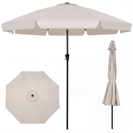 Costway 10 FT Scalloped Patio Umbrella with Push Button Tilt, Crank, 8 Fiberglass Ribs Beige
