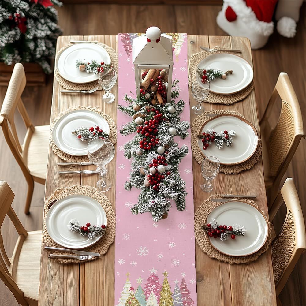 Christmas Table Runner 13x72 Inch, Xmas Trees Snowflakes Winter Holiday Decorative Farmhouse Table Decorations for Kitchen Dinning, Indoor Outdoor Dinner Party Decor