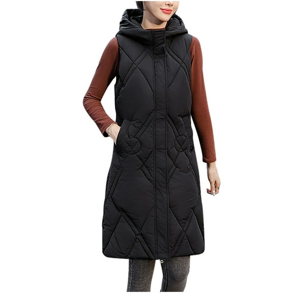 HTNBO Women's Oversized Long Down Vest Winter Outdoor Coats with Hood Long Puffer Vest Winter Coats Sleeveless Warm Jacket