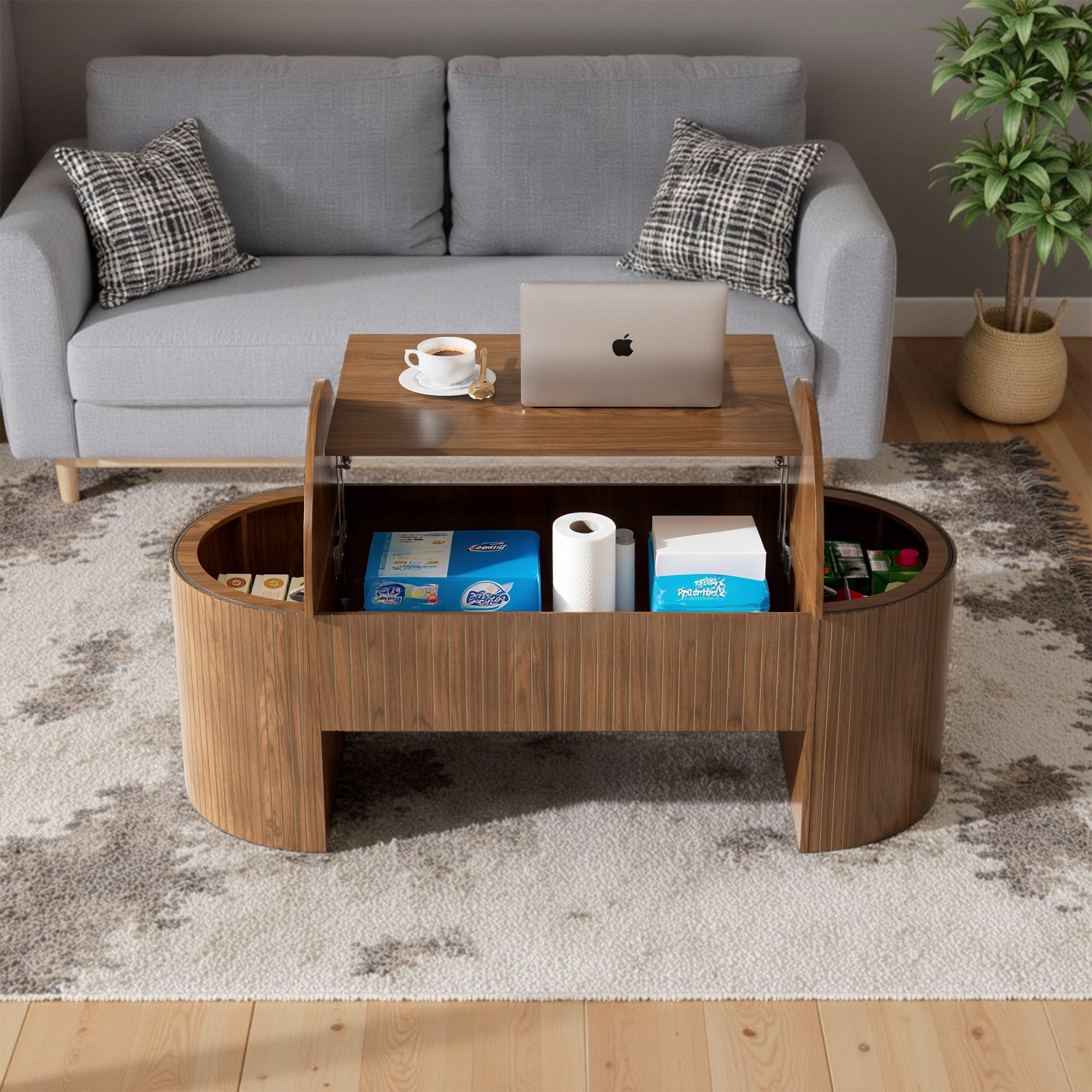 Diubas Oval Lift Top Coffee Table with Hidden Storage, Fluted Coffee Table Center Table for Home Living Room, Walnut