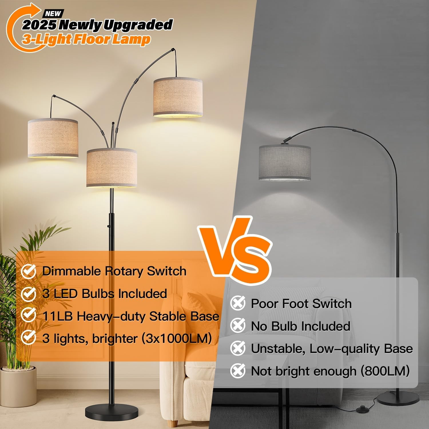 Dimmable Floor Lamp - 3 Lights Arc Lamps For Living Room  1000lm Modern Tall Standing With Beige Shades & Heavy Base Mid Century Tree Bedroom Office 3 Led Bulbs Included
