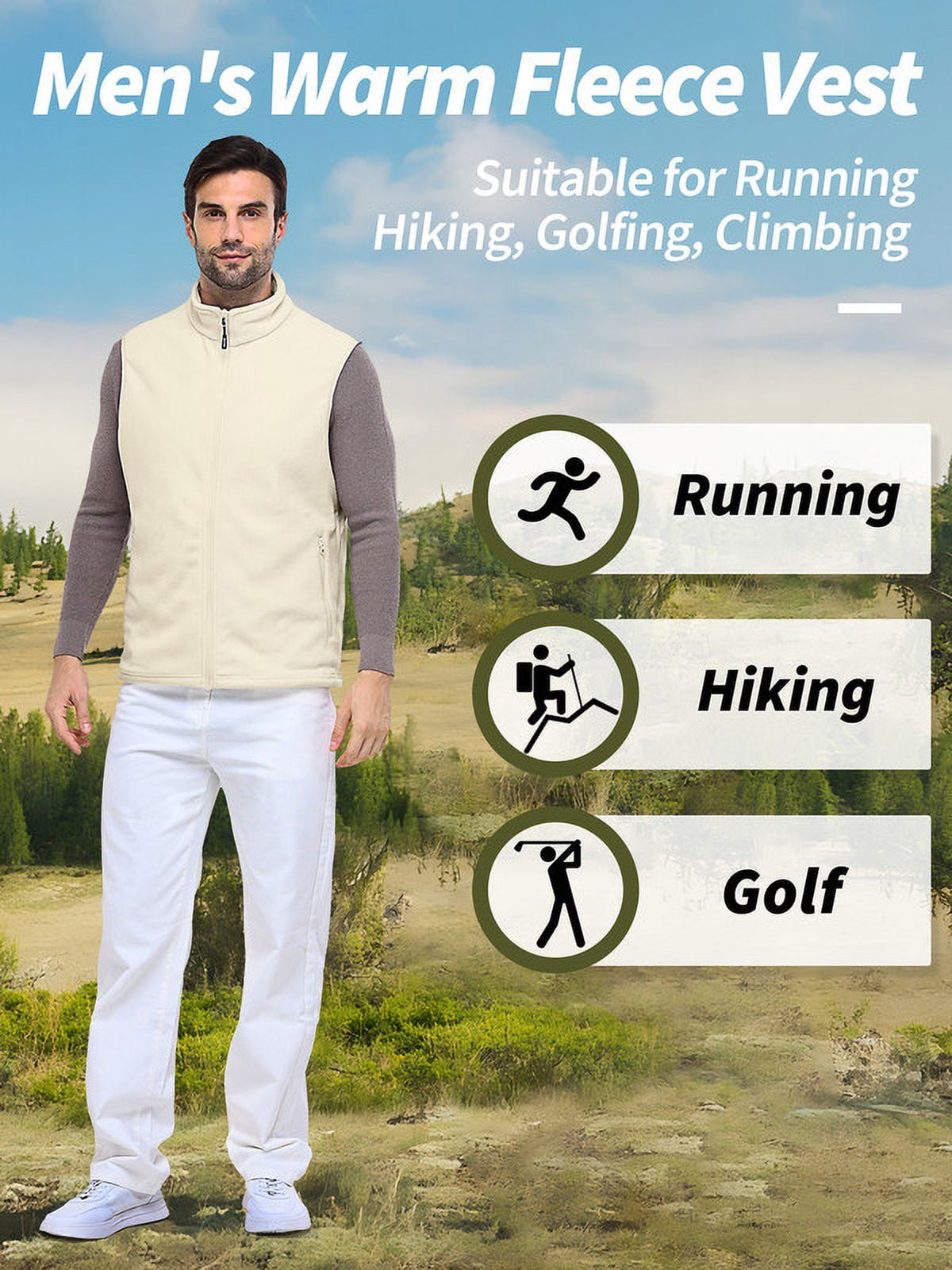 Off Road Ventures Mens Fleece Vest Lightweight Outerwear Zip Up Golf Running Sleeveless Vest With Pockets for Hiking Travel