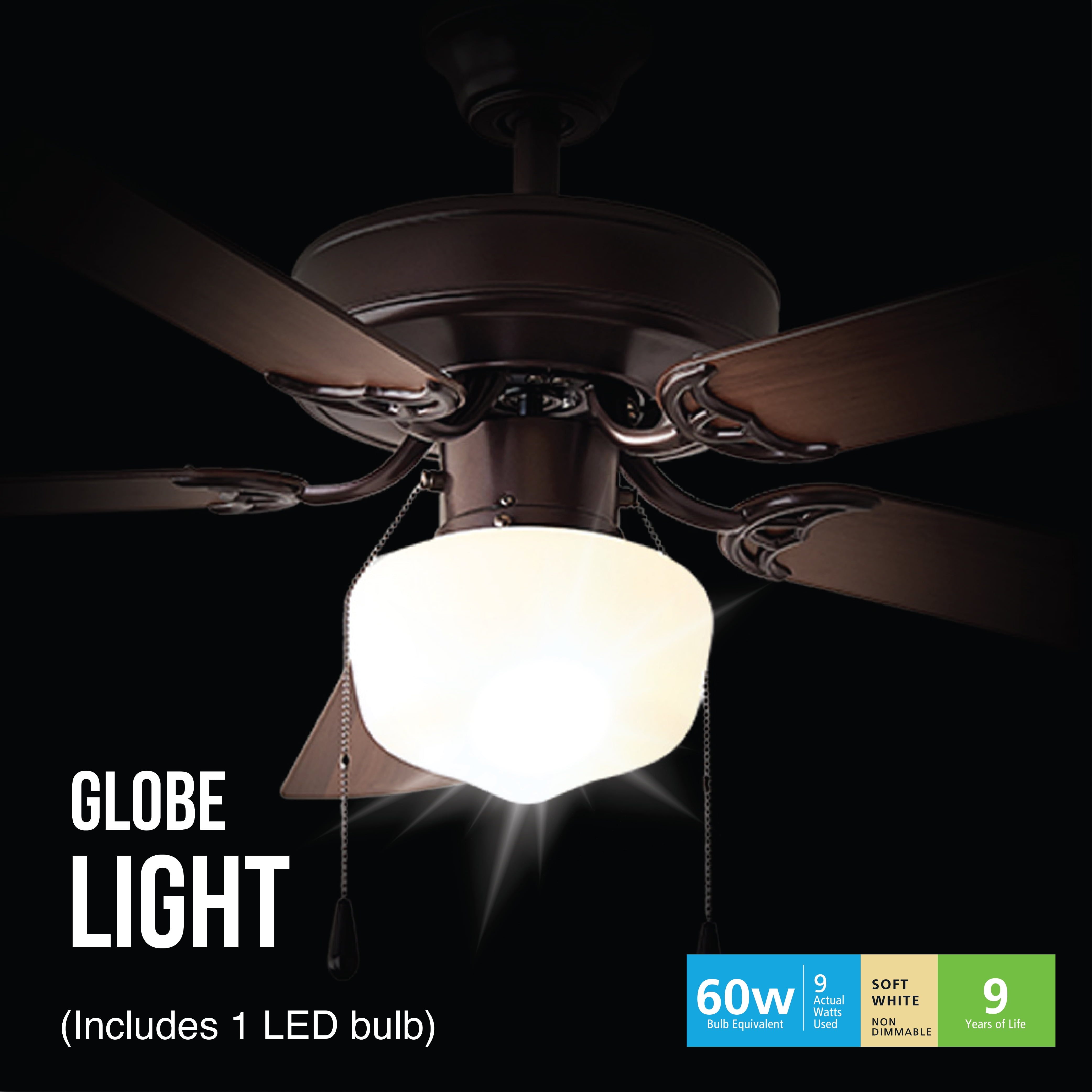 Mainstays 52 inch Downrod Ceiling Fan with Light Kit, Bronze, 5 Blades, Reverse Airflow for Bedroom