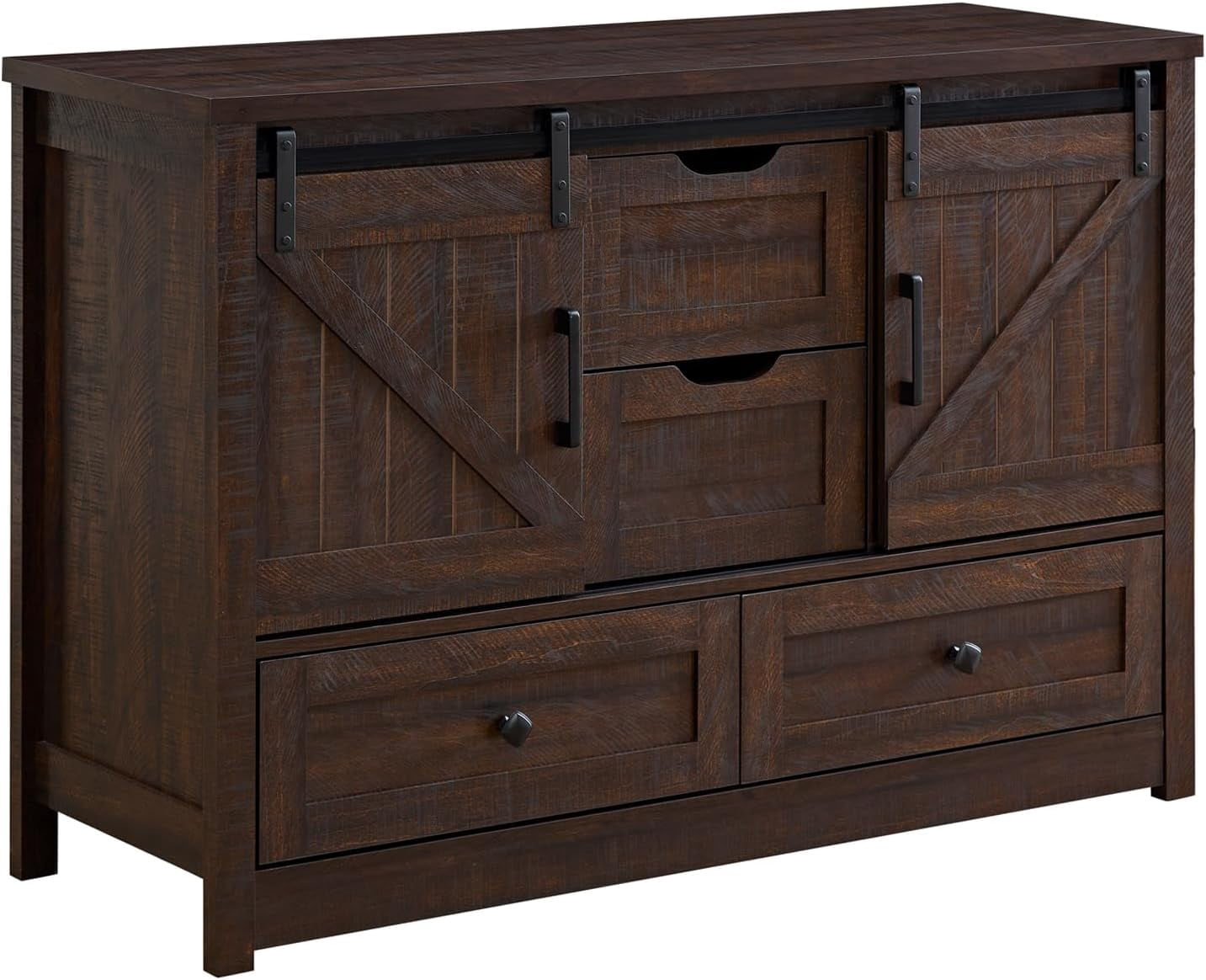 BOSHIRO 4-Drawer Double Sliding Barn Door Dresser, Espresso Brown, Farmhouse Wide Chest for Bedroom and Living Room