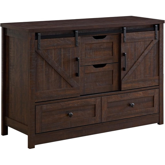 BLANKSPACE Farmhouse 4-Drawer Dresser, 4 Chest of Drawers with Sliding Barn Doors, Sturdy Wooden Storage Cabinet for Bedroom, Living Room, Entryway (Dark Brown)