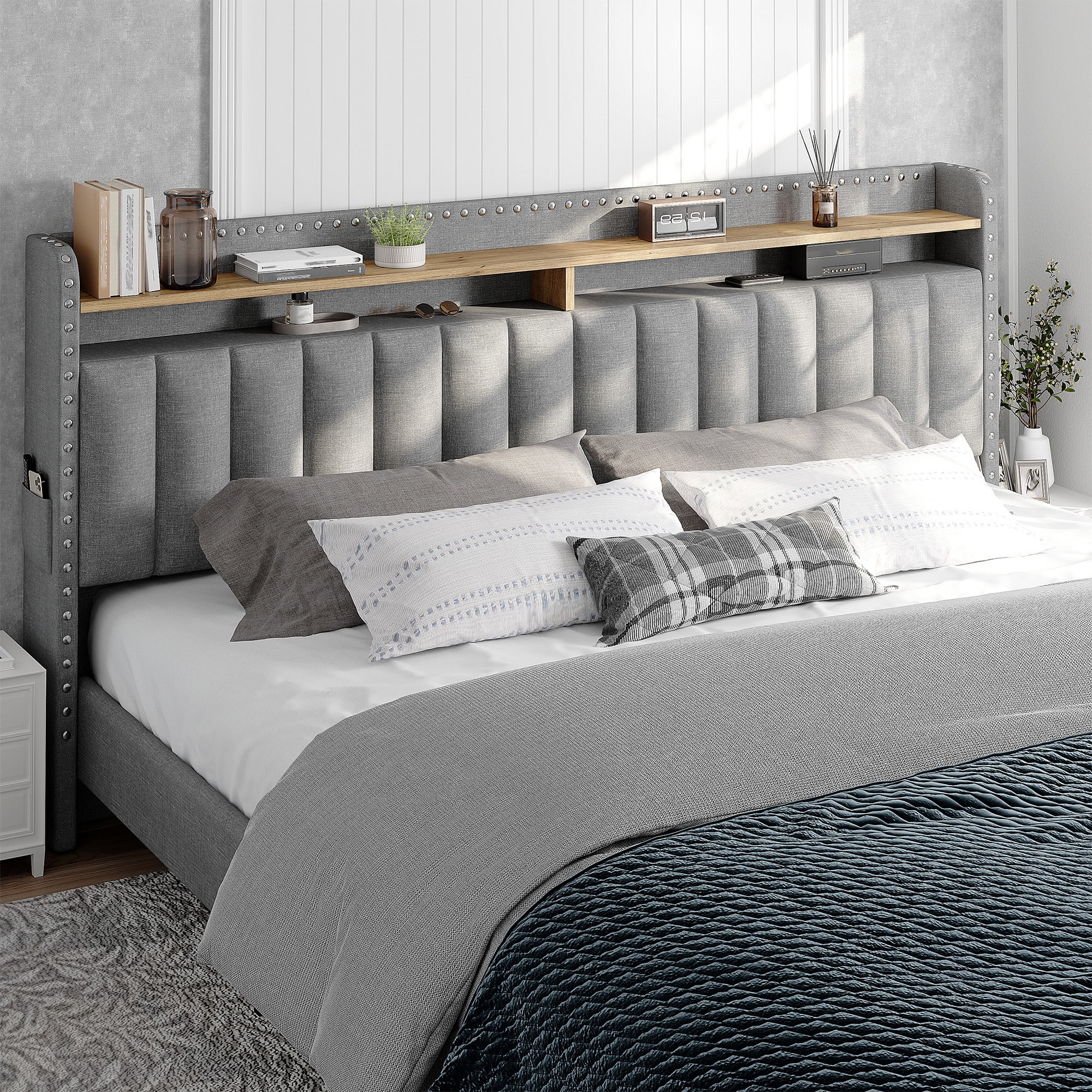 Romorgniz King Size Bed Frame with 2 Storage Drawers and 2-Tier Storage Shelf Upholstered Bed Frame with Headboard Platform Bed Frame Noise-Free No Box Spring Needed,Grey