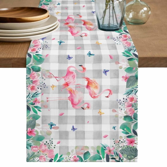 Table Runner 72 Inches Long for Kitchen Dining, Pink Flamingo Dresser Scarf Farmhouse, Dining Table Decorations for Wedding/Parties, Green Summer Tropical Botanical Grey Plaid 16 x 72 In