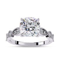 Solitaire Engagement Ring for Women Center 8mm Cushion and Round Cut Lab Created Moissanite Beaded Promise Rings In 14K Solid White Gold Jewelry Gift for Her, Size 4.5