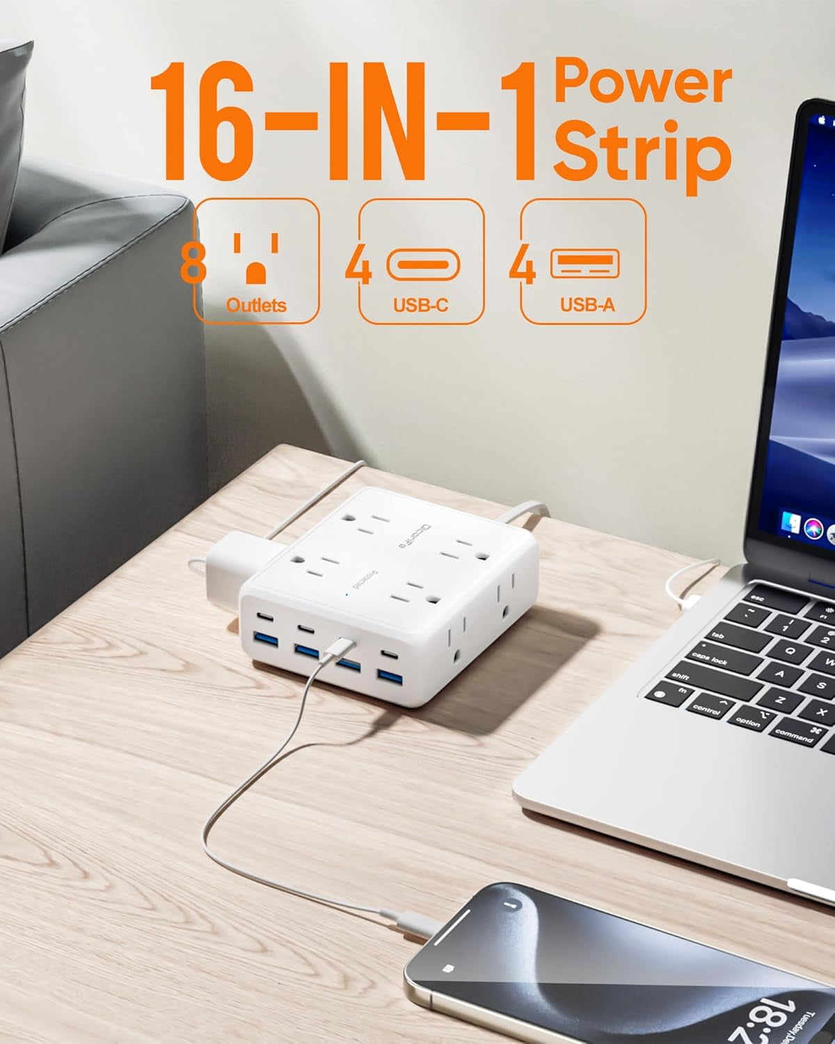Power Strip 8 AC with 8  Ports, 10 FT Flat Plug Extension Cord, 2000 Joules Surge Protector, 30W  Station,  Office College Dorm Room Essentials