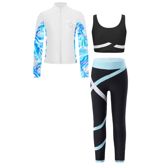 inhzoy Kids Girls Figure Ice Skating Outfits Long Sleeve Sweatshirt Jacket Crop Top with Practice Leggings Set Light Blue 16