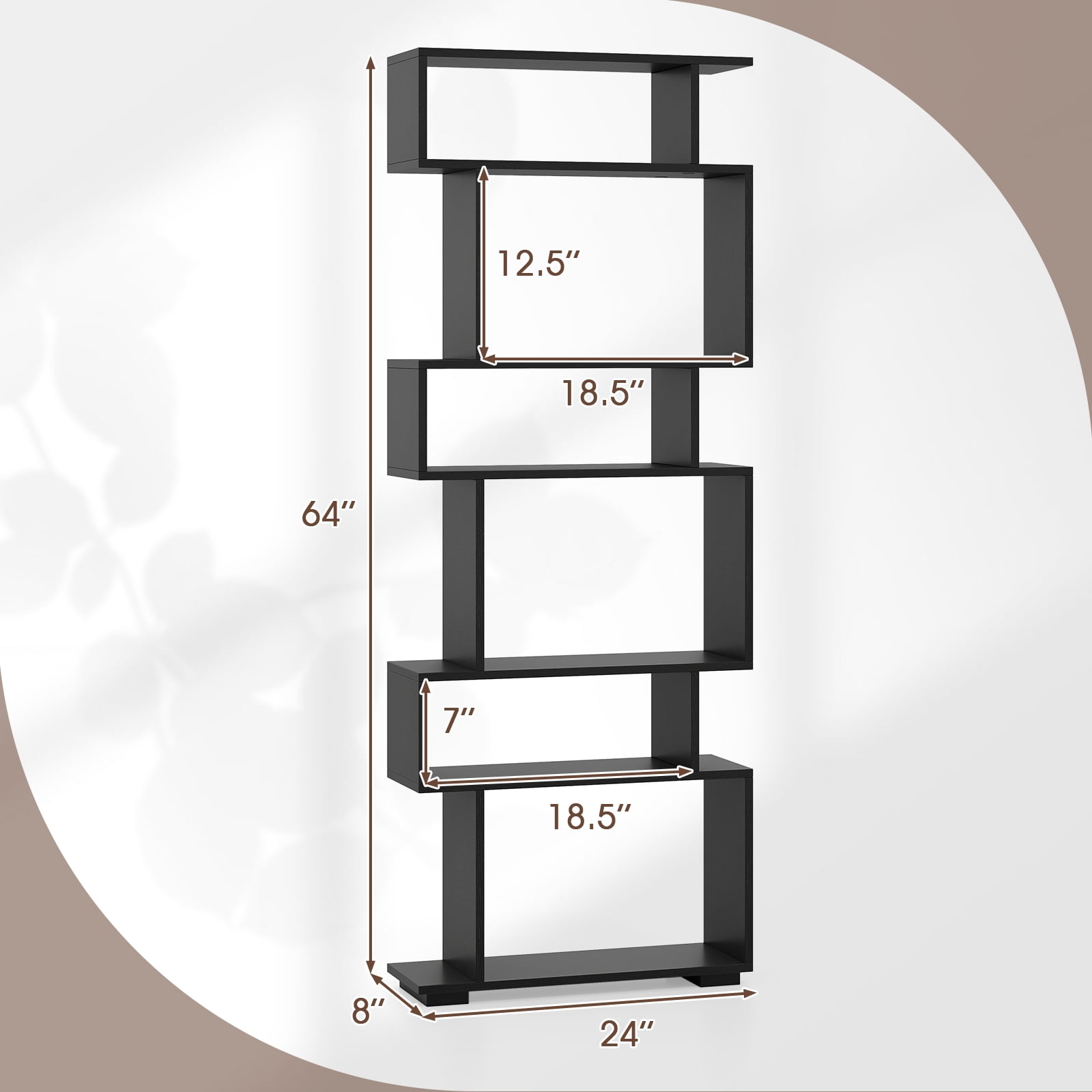 Costway 6-tier Storage Bookshelf S-shaped Geometric Bookcase with Anti-toppling Kits Black
