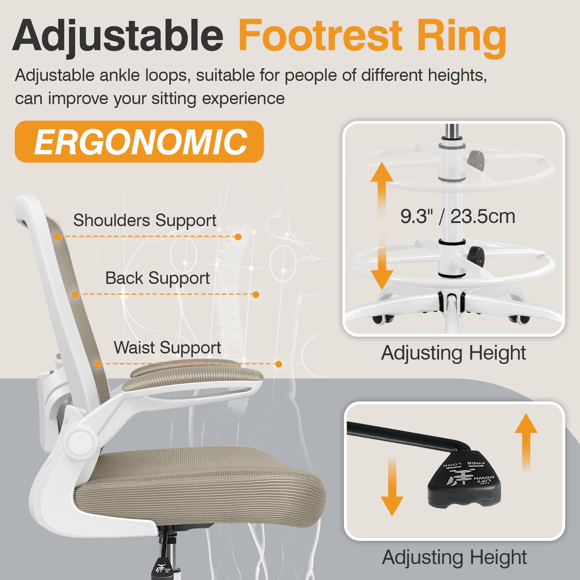 COOLHUT Home Office Chair with Flip-up Armrests for Standing Desk, Ergonomic Computer Office Desk Chair with Adjustable Foot Ring, Office Desk Chairs with Adjustab Lumbar Support, Khaki