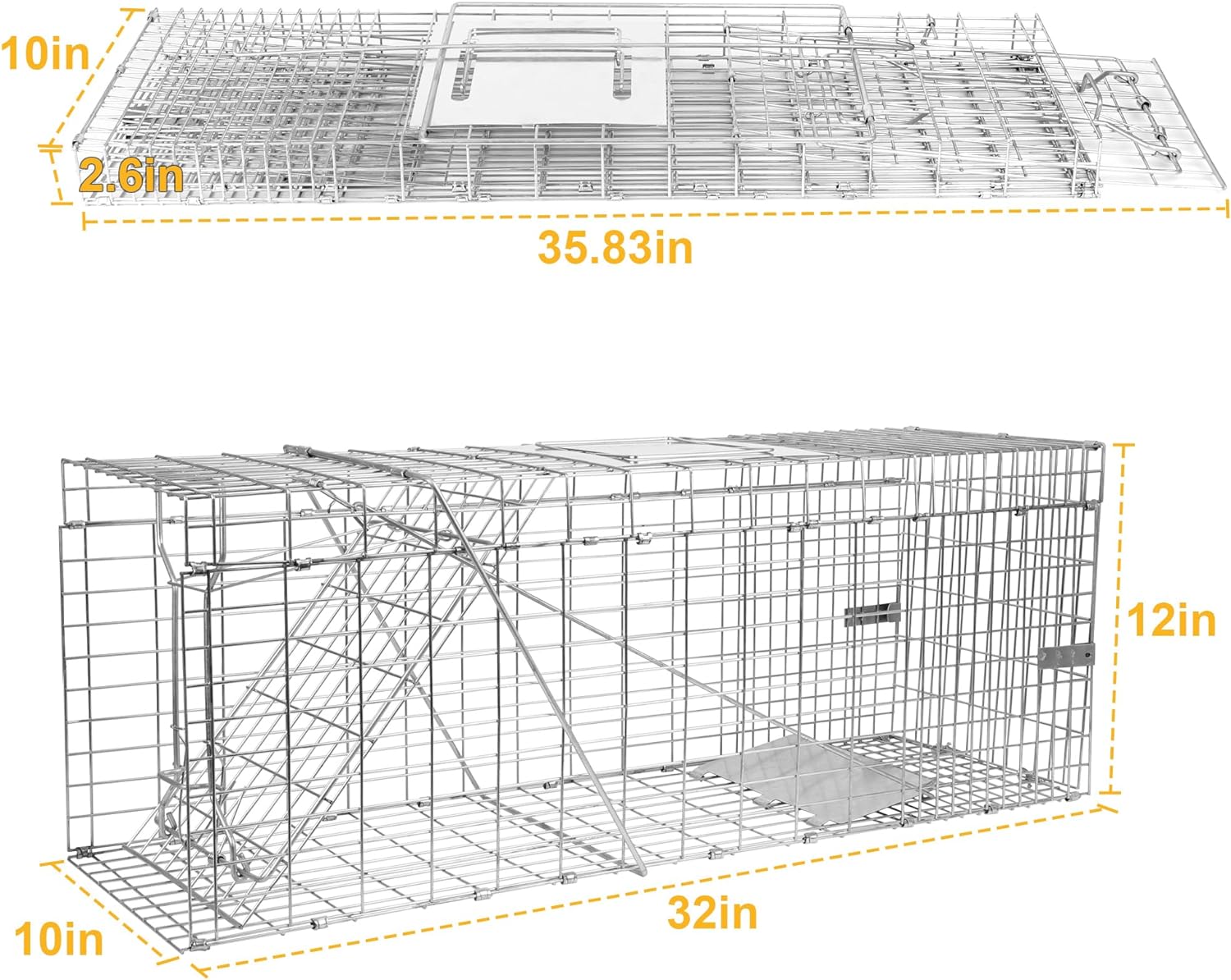 2-Pack H&B Cat Trap,Humane Feral Cat Traps,Live Animal Trap Cage,32X12 X10inch,Small Animal Trap,Catch and Release Stray Cats,Racoons,Squirrels,Rabbit,Foxs and More Rodents,Large(Silver)