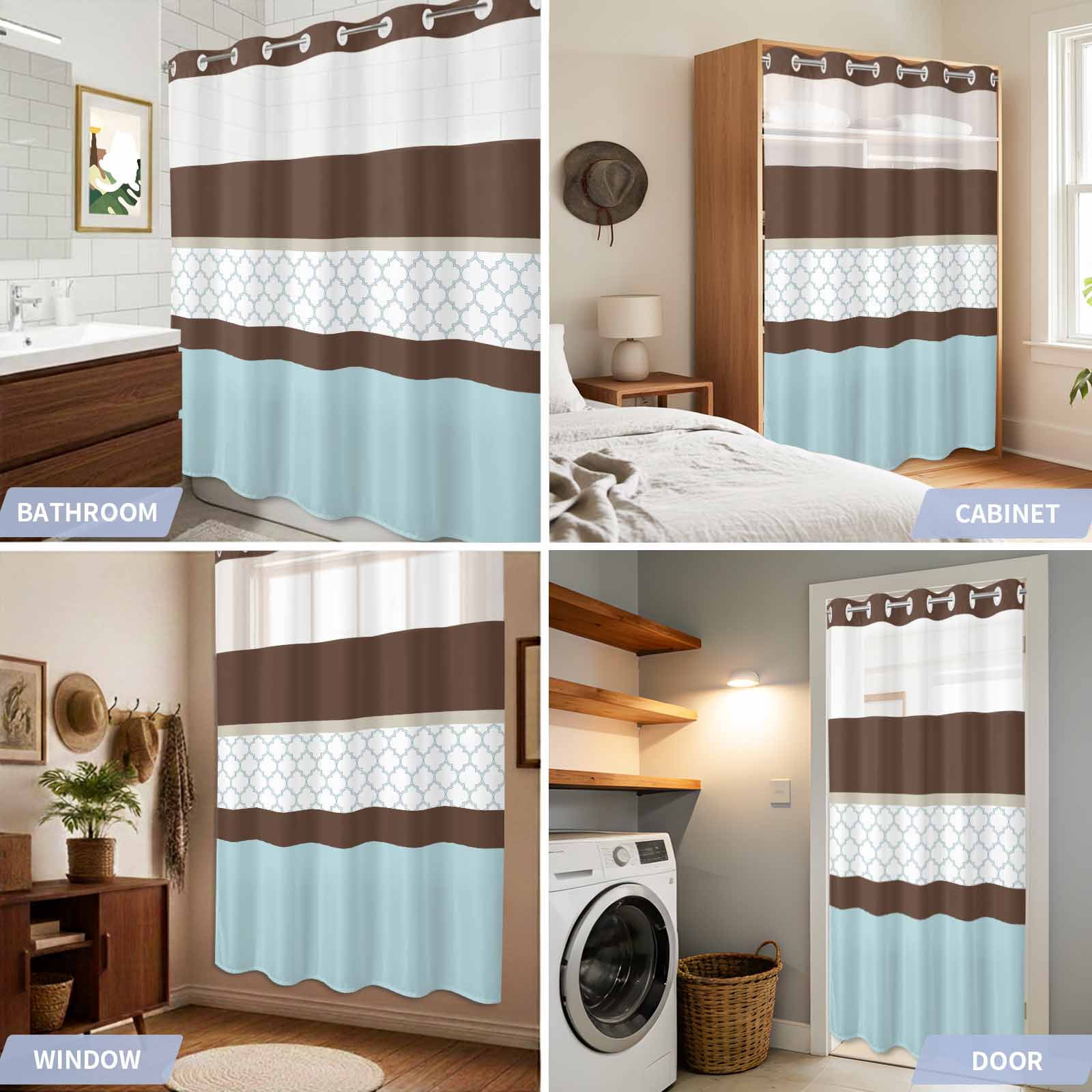 Small Stall No Hook Shower Curtains Blue Brown Morocco Waterproof Fabric Shower Curtain Set Geometric Stripes Aqua Stitching Bath Curtains for Bathroom Decor with See Through Top Window 36x72 Inch