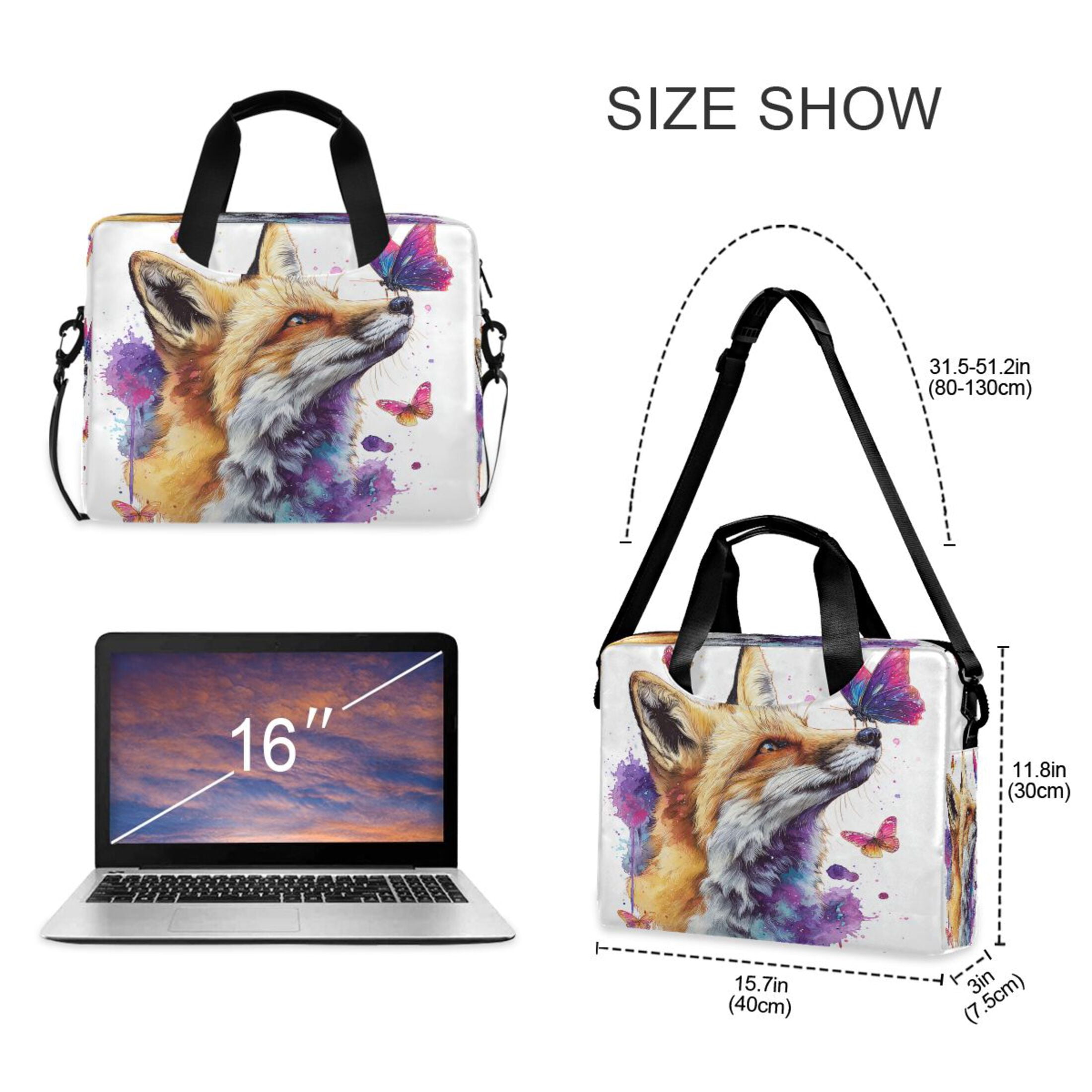 16" Laptop Tote Bag Laptop Sleeve Case Computer Briefcase for Work & Travel Fox and Butterflies