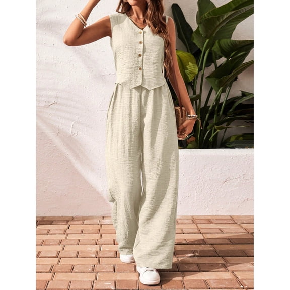 LEWKW Summer Vest Sets for Women Button Down V Neck Waistcoat And Wide Leg Pants 2 Piece Outfits Sleeveless Linen Blend Casual Trendy Suits