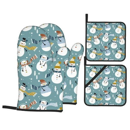 

Oven Mitts and Pot Holders 4 Piece Snowflake Scarf Snowman High Heat Slip Resistant Oven Mitt and Trivets Set Kitchen Oven Glove Pot Holders for Cooking Baking Grilling