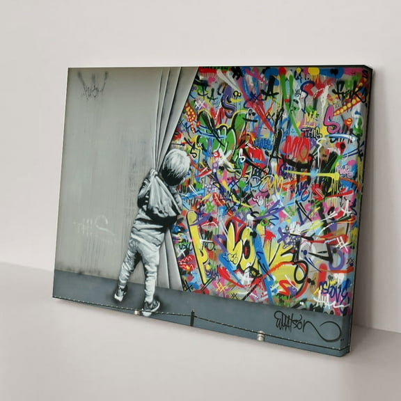 Banksy Colorful Wall Art Behind the Curtain Art Graffiti Canvas Wall Art Colorful Decor Banksy Canvas Wall Art Pop Art Street Art for Room Decor(36" W x 24" H，Framed)