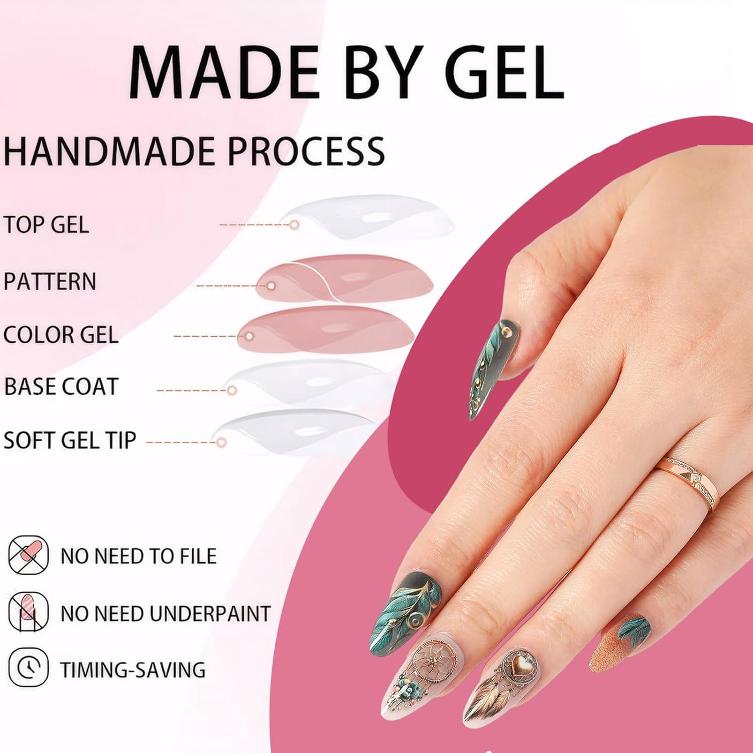3D Press on Nails, Fake Nails with Peacock Feather Design, 24 Pcs Press on Nails Almond,Press On Nails Medium Reusable 12 Sizes - 24 Nail Kit with Glue